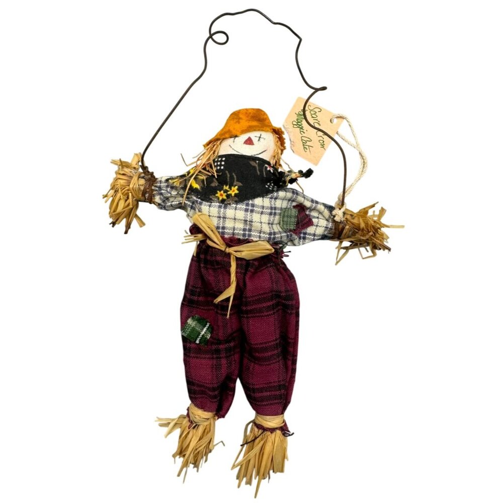 Handmade Rustic Scarecrow Ornament With Plaid Clothes & Wire to Hang READ